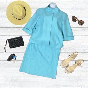 Lafayette 148 NY Linen Blue Two Piece Lined 3/4 Sleeves Jacket & Skirt Size 10